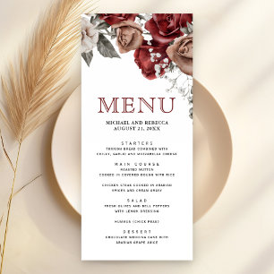 Burgundy Red Roses Floral Wedding Menu