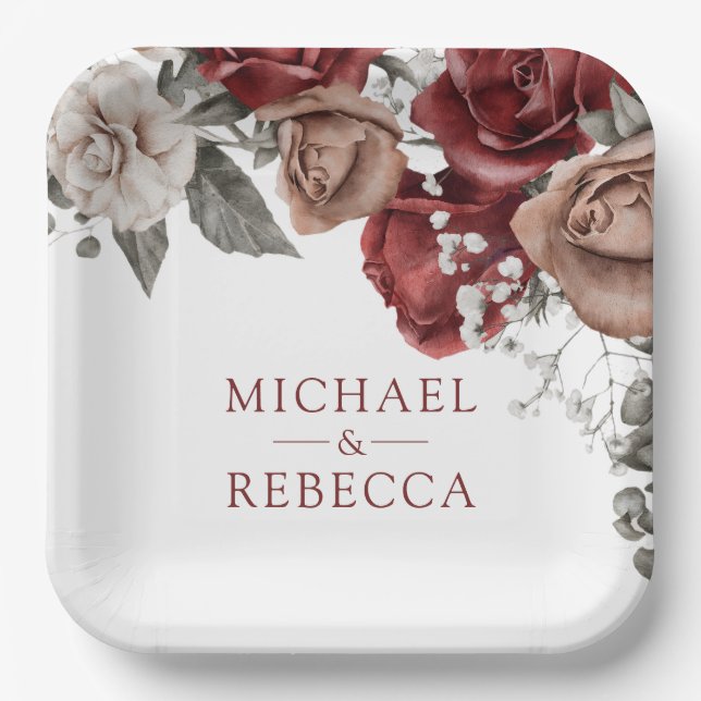 Burgundy Red Roses Floral Wedding Paper Plate (Front)