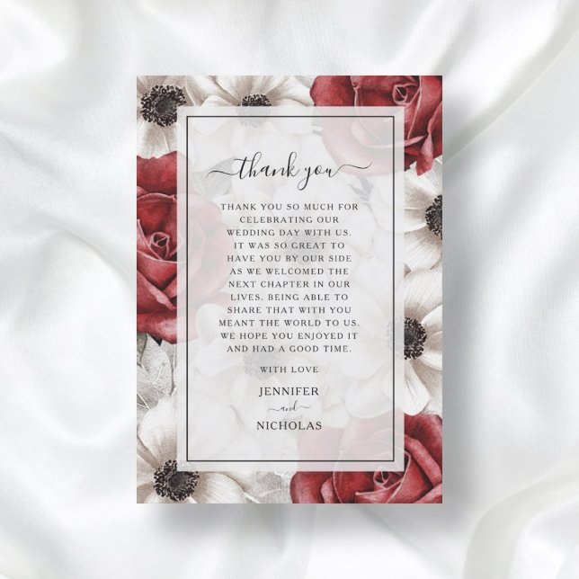 Burgundy Red Roses Floral Wedding Thank You Card (Creator Uploaded)