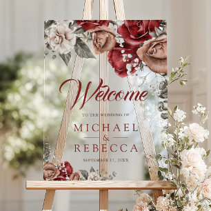 Burgundy Red Roses Floral Wedding Welcome Acrylic Sign