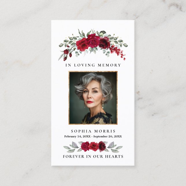 Burgundy Red Roses Funeral Prayer Card (Front)