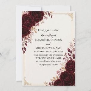 Burgundy Red Roses Gold Frame Elegant Wedding Invitation