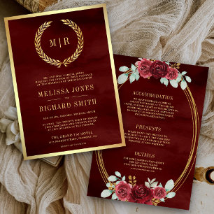 Burgundy Red Roses Monogram All in One Wedding Invitation