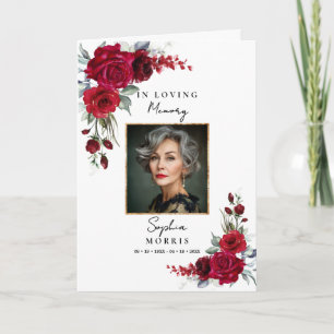 Burgundy Red Roses Photo Memorial Funeral Program Card
