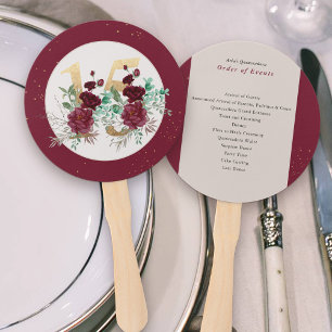 Burgundy Red Roses Quinceanera Order of Events Hand Fan
