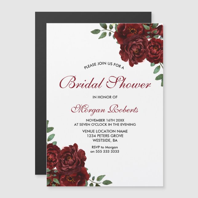 Burgundy Red Roses Romantic Bridal Shower Magnetic Invitation (Front/Back)