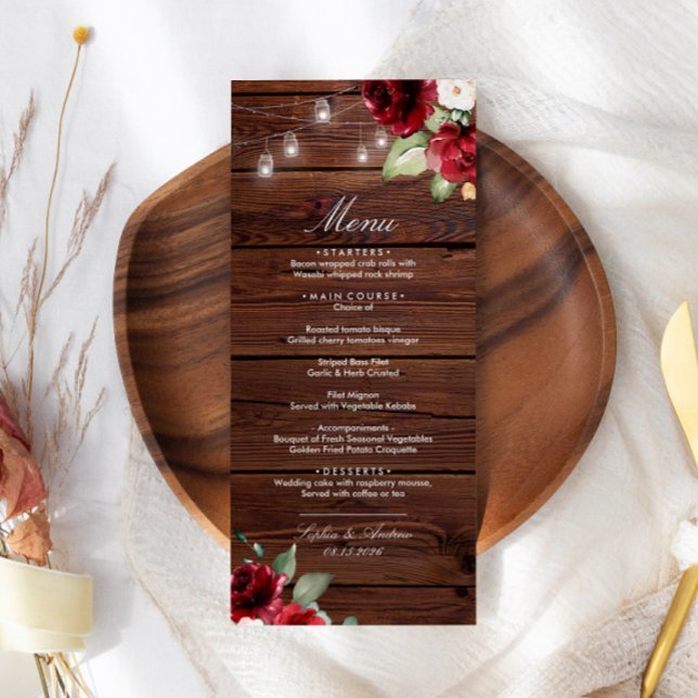Burgundy Red Roses Rustic Wood Wedding Menu (Creator Uploaded)