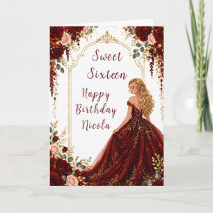 Burgundy Red Roses Sweet Sixteen Gold Party Card
