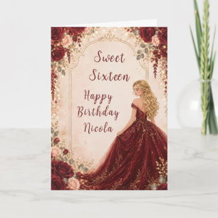 Burgundy Red Roses Sweet Sixteen Gold Party Card
