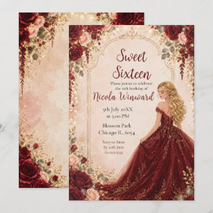 Burgundy Red Roses Sweet Sixteen Gold Party Invitation