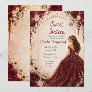 Burgundy Red Roses Sweet Sixteen Gold Party Invitation