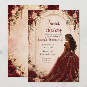 Burgundy Red Roses Sweet Sixteen Gold Party Invitation