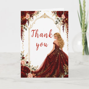 Burgundy Red Roses Sweet Sixteen Gold Party Thank You Card
