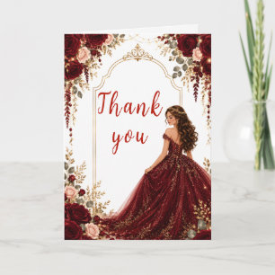 Burgundy Red Roses Sweet Sixteen Gold Party Thank You Card