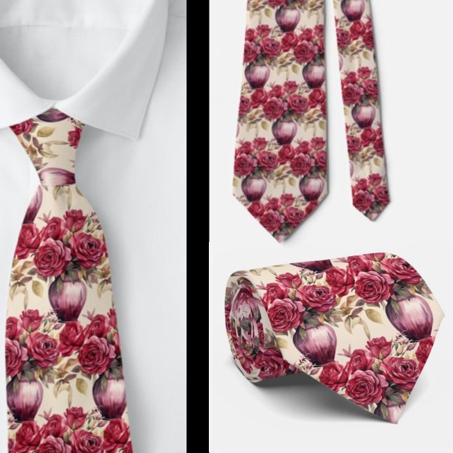 Burgundy Red Roses Watercolor Floral Tie (Creator Uploaded)