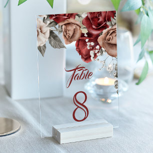 Burgundy Red Roses Wedding Acrylic Table Number