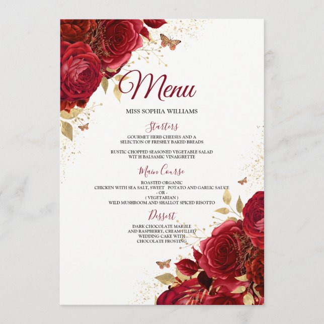 Burgundy Red Roses Wedding Engagement Quinceanera Menu (Front)
