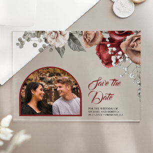 Burgundy Red Roses Wedding Photo Save the Date Acrylic Invitations