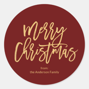 Burgundy Red Rustic Gold Merry Christmas Classic Round Sticker