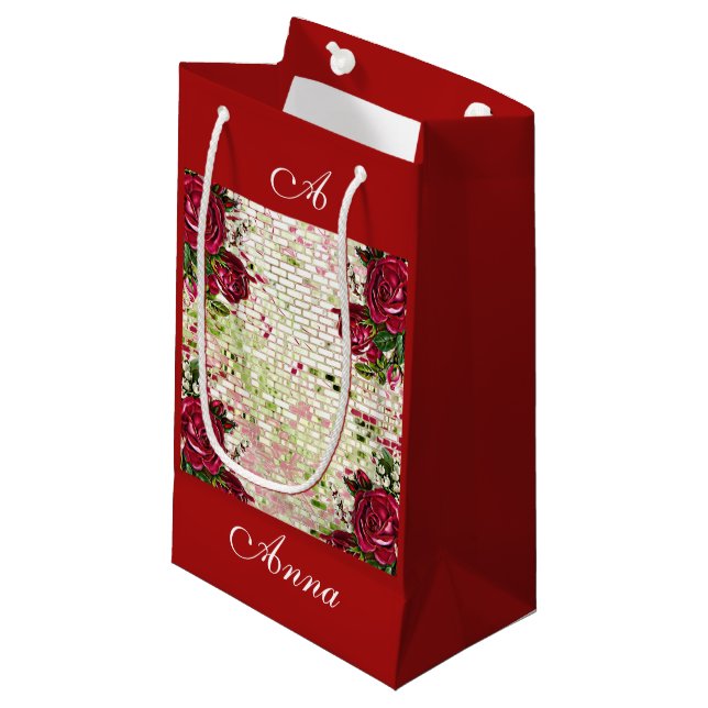Burgundy Red Rustic Roses Elegant Country Small Gift Bag (Front Angled)