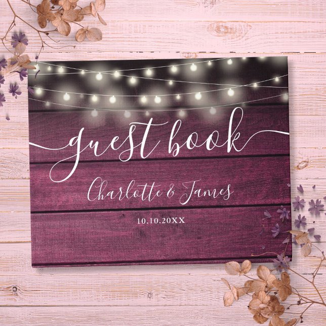 Burgundy Red Rustic Wood String Lights Wedding Guest Book (Burgundy Red Rustic Wood String Lights Wedding Guest Book)
