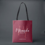 Burgundy Red Script Personalised Bridesmaids Tote Bag<br><div class="desc">Add a personal touch to your wedding with personalised bridesmaids gift tote bag. This tote bag features personalised bridesmaid's name in white modern script font style and monogram in light red modern script font style as background with title and wedding date in white modern sans serif font style on burgundy...</div>
