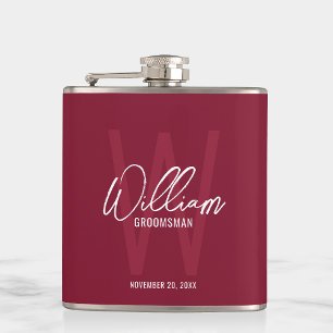 Burgundy Red Script Personalised Groomsman's Name Hip Flask