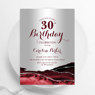 Burgundy Red Silver Agate 30th Birthday Party Invitation