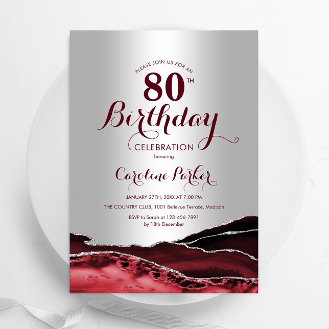 Burgundy Red Silver Agate 80th Birthday Party Invitation (Creator Uploaded)