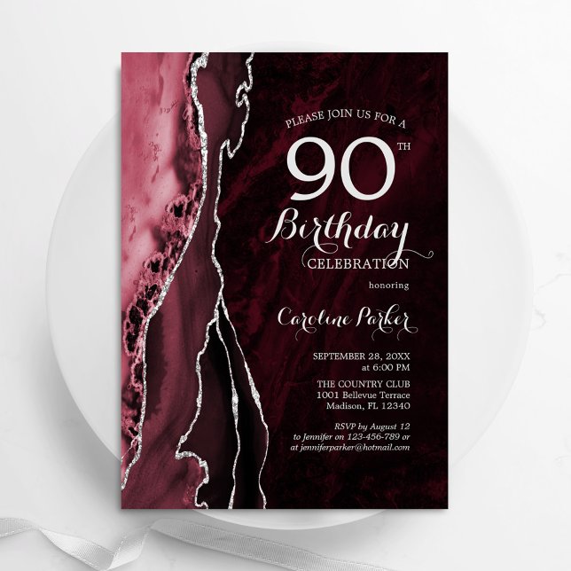 Burgundy Red Silver Agate 90th Birthday Invitation (Creator Uploaded)