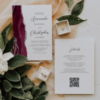 Burgundy Red Silver Agate QR Code Wedding