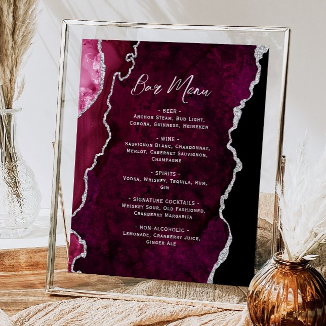 Burgundy Red Silver Agate Script Wedding Bar Menu  Poster (Creator Uploaded)