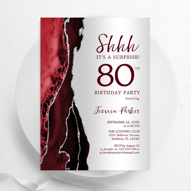 Burgundy Red Silver Agate Surprise 80th Birthday Invitation (Creator Uploaded)
