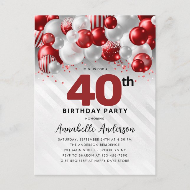 Burgundy Red Silver Balloon Glitter 40th Birthday  Postcard (Front)