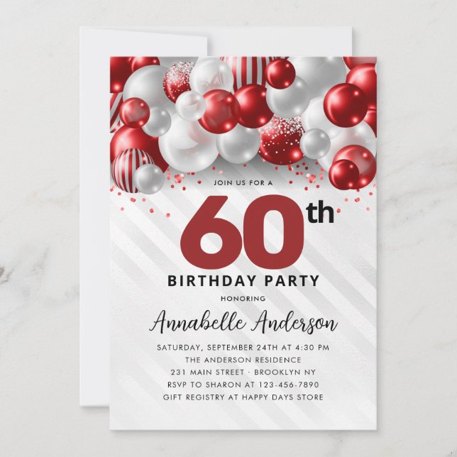 Burgundy Red Silver Balloon Glitter 60th Birthday Invitation (Front)