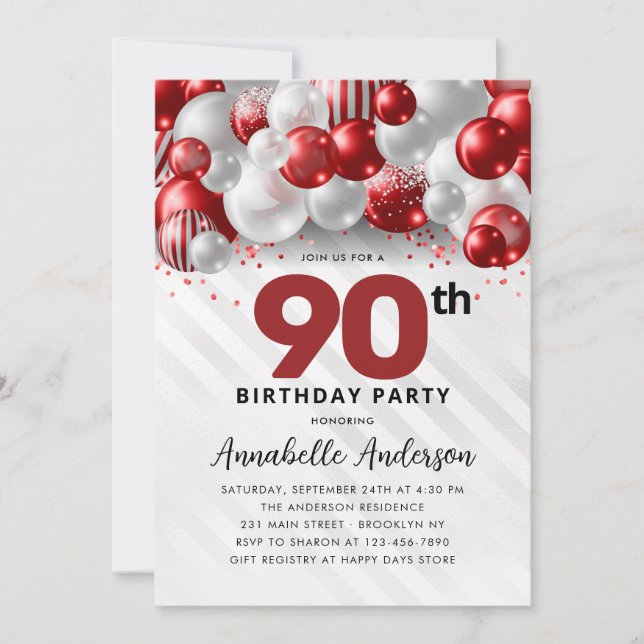 Burgundy Red Silver Balloon Glitter 90th Birthday Invitation (Front)