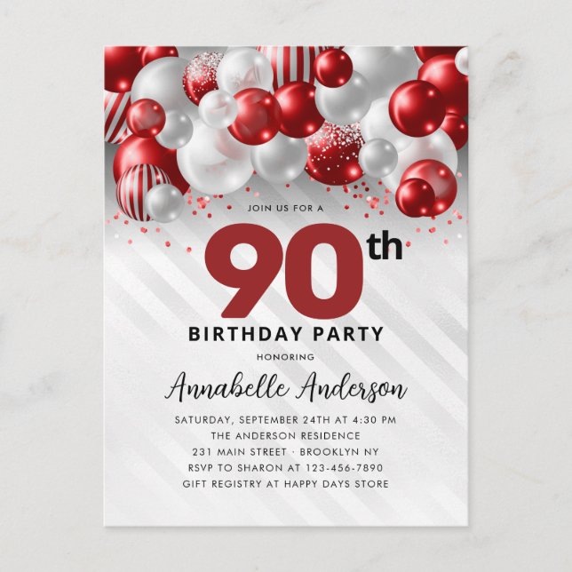 Burgundy Red Silver Balloon Glitter 90th Birthday  Postcard (Front)
