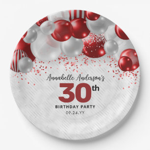 Burgundy Red Silver Balloon Glitter Favour Birthda Paper Plate