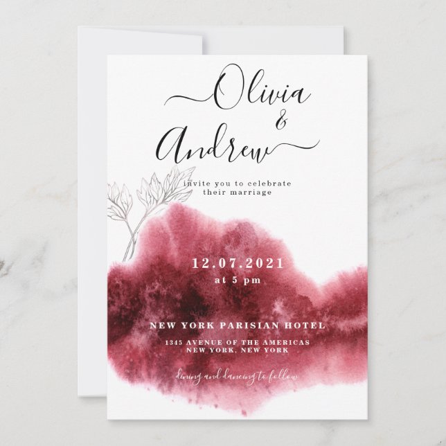 Burgundy Red Silver Botanical Watercolor Wedding Invitation (Front)