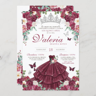 Burgundy Red & Silver Butterfly Floral Quinceañera Invitation