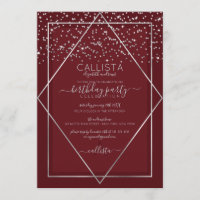 Burgundy Red Silver Confetti Border Birthday