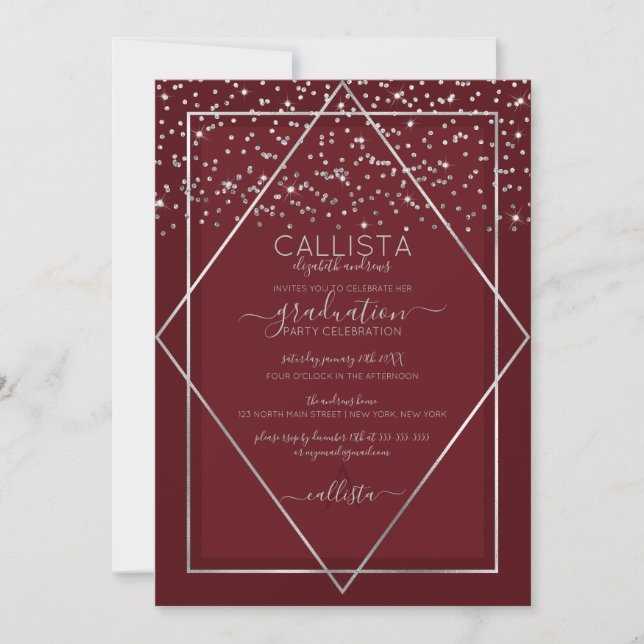 Burgundy Red Silver Confetti Border Graduation Invitation (Front)