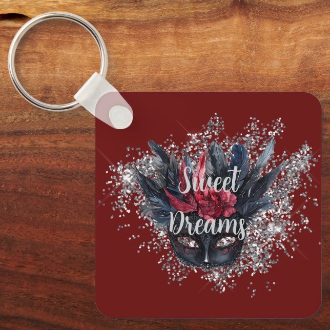 Burgundy Red Silver Glitter Feathered Mask Key Ring (Front)