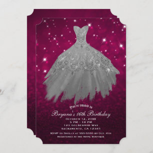 Burgundy Red & Silver Sparkle Dress Sweet 16 Party Invitation