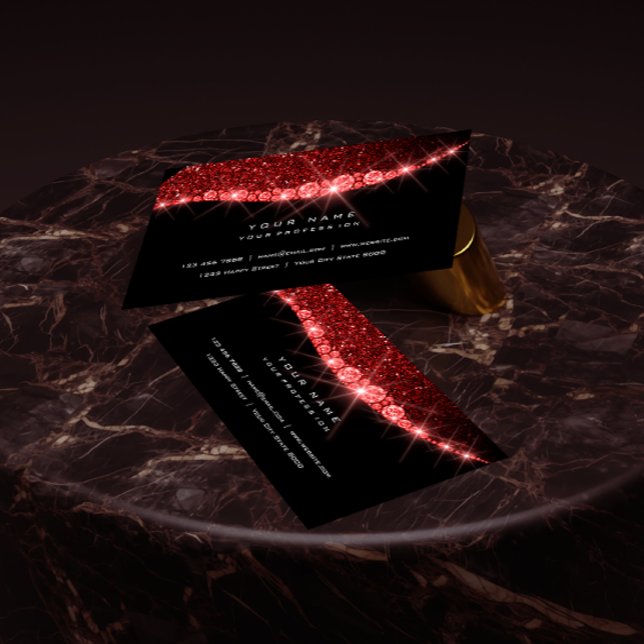 Burgundy Red Sparkly Diamond Glitter Glam Black Business Card (Creator Uploaded)
