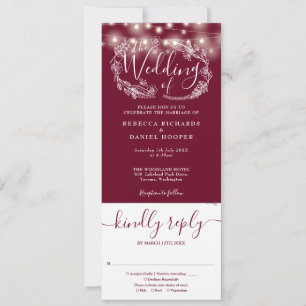 Burgundy Red String Lights All In One Wedding Invitation