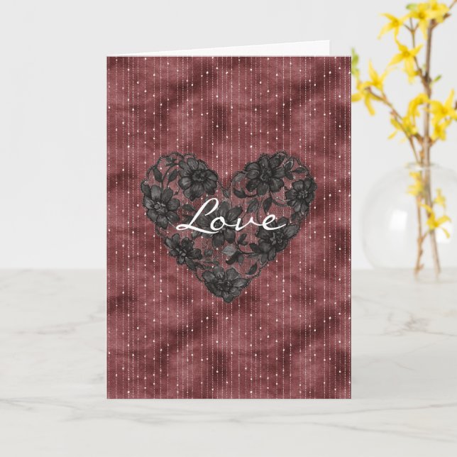 Burgundy Red Stripes Black Faux Lace Floral Heart Card (Yellow Flower)