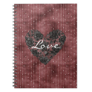 Burgundy Red Stripes Black Faux Lace Floral Heart Notebook