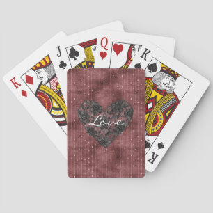 Burgundy Red Stripes Black Faux Lace Floral Heart Playing Cards