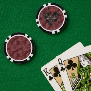 Burgundy Red Stripes Black Faux Lace Floral Heart Poker Chips